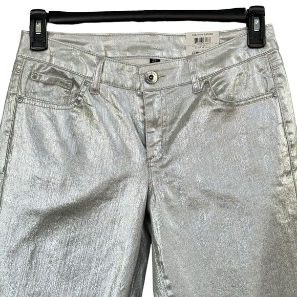 INC SZ 4/27 Boyfriend Pants Mid-Rise Stretch Silver Metallic Shiny Zip-Fly New - Picture 2 of 8